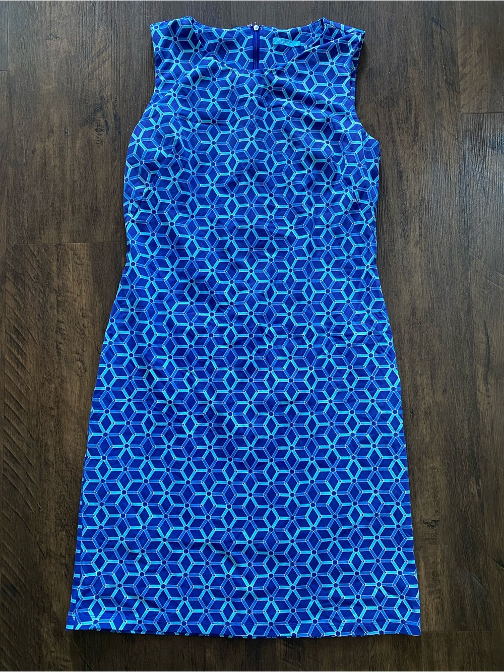 J.McLaughlin Dress Small Blue Geometric Print Catalina Stretch Sheath Zip